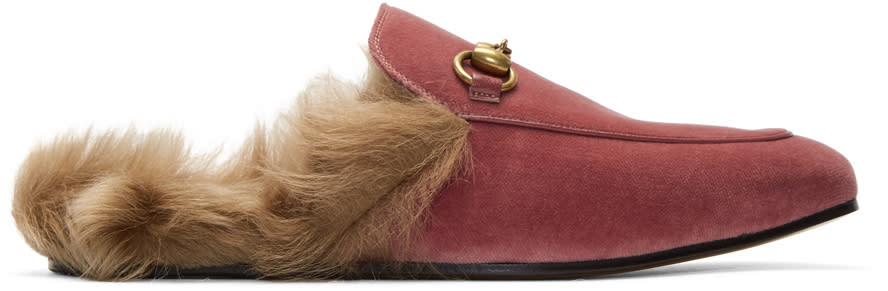 Gucci Pink Velvet Fur Princetown Slippers