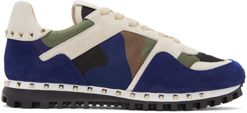 Valentino White and Blue Valentino Garavani Camo Rockstud Sneakers