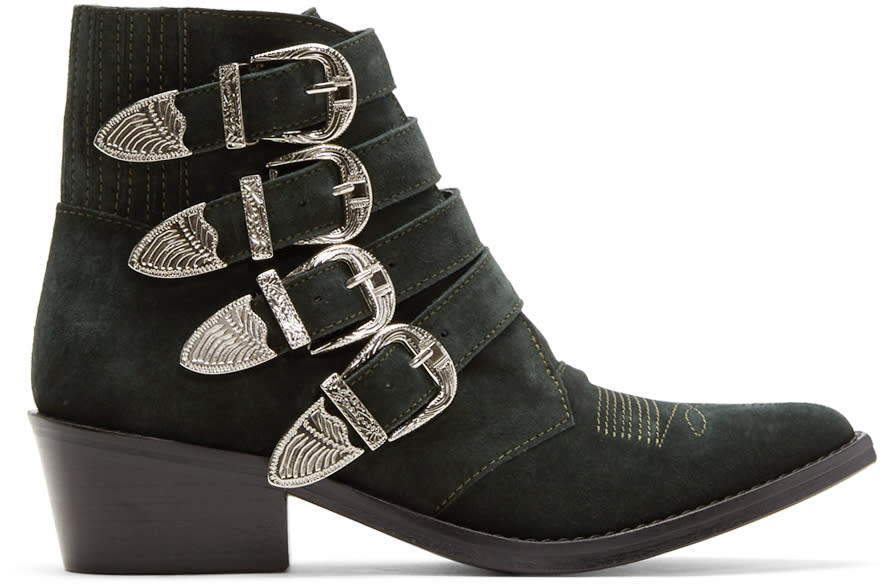 Toga Pulla Green Suede Four-buckle Western Boots