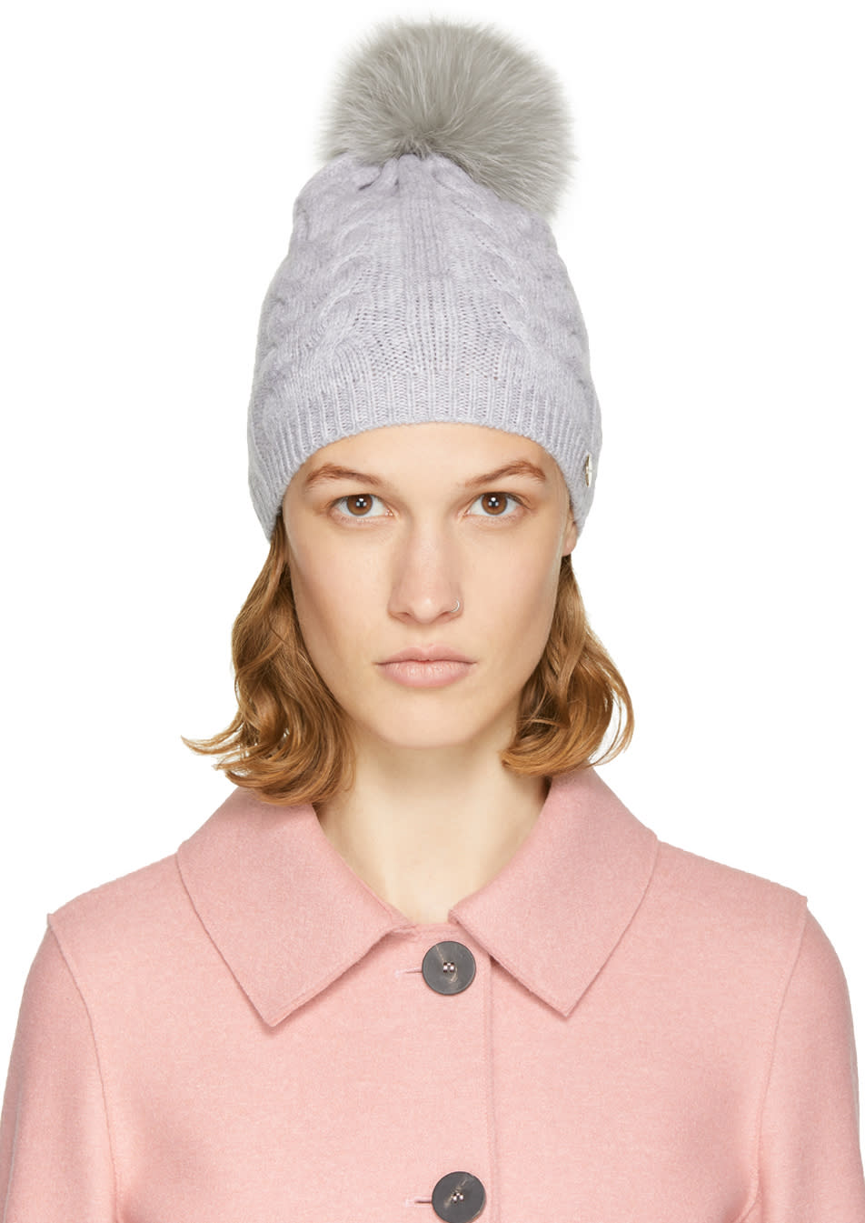 Yves Salomon Grey Cable Knit Fur Pom Pom Beanie Yves Salomon Grey Cable Knit Fur Pom Pom Beanie