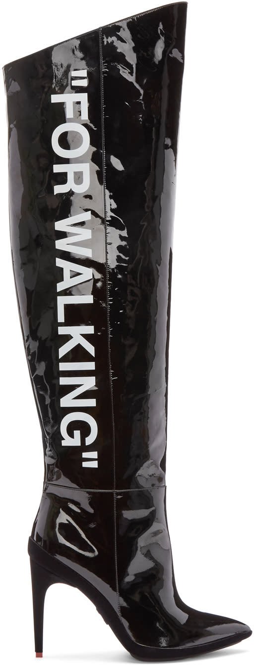 Off-white Black Patent for Walking Over-the-knee Boots