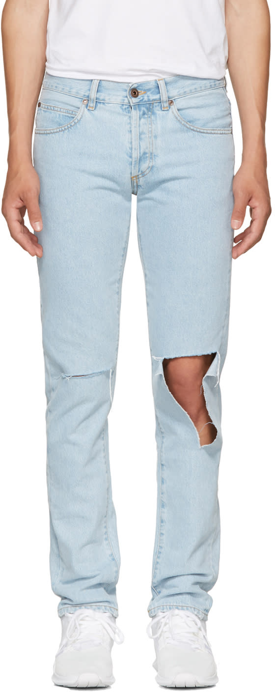Off-white Blue Diagonal Raw Cut Slim Jeans