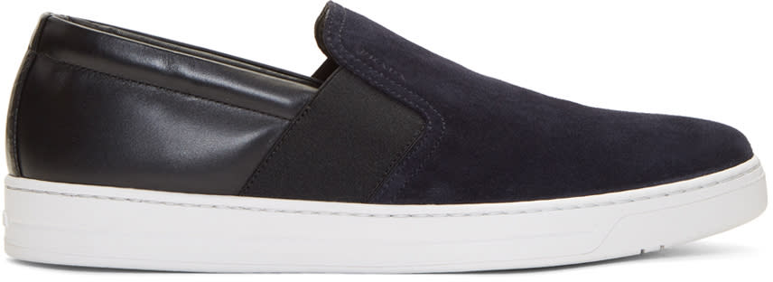 Prada Navy and Black Suede Slip-on Sneakers