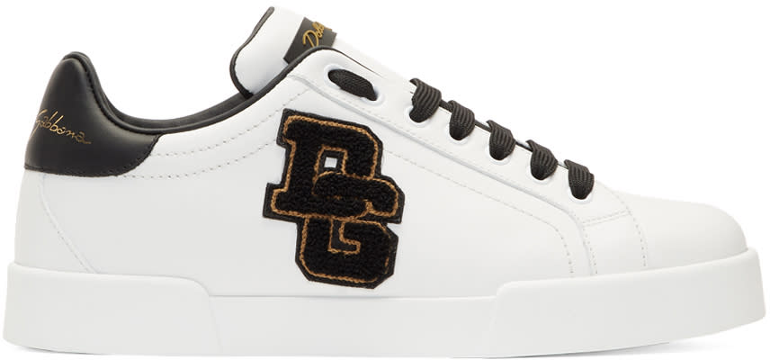 Dolce and Gabbana White and Black Embroidered Patch Sneakers