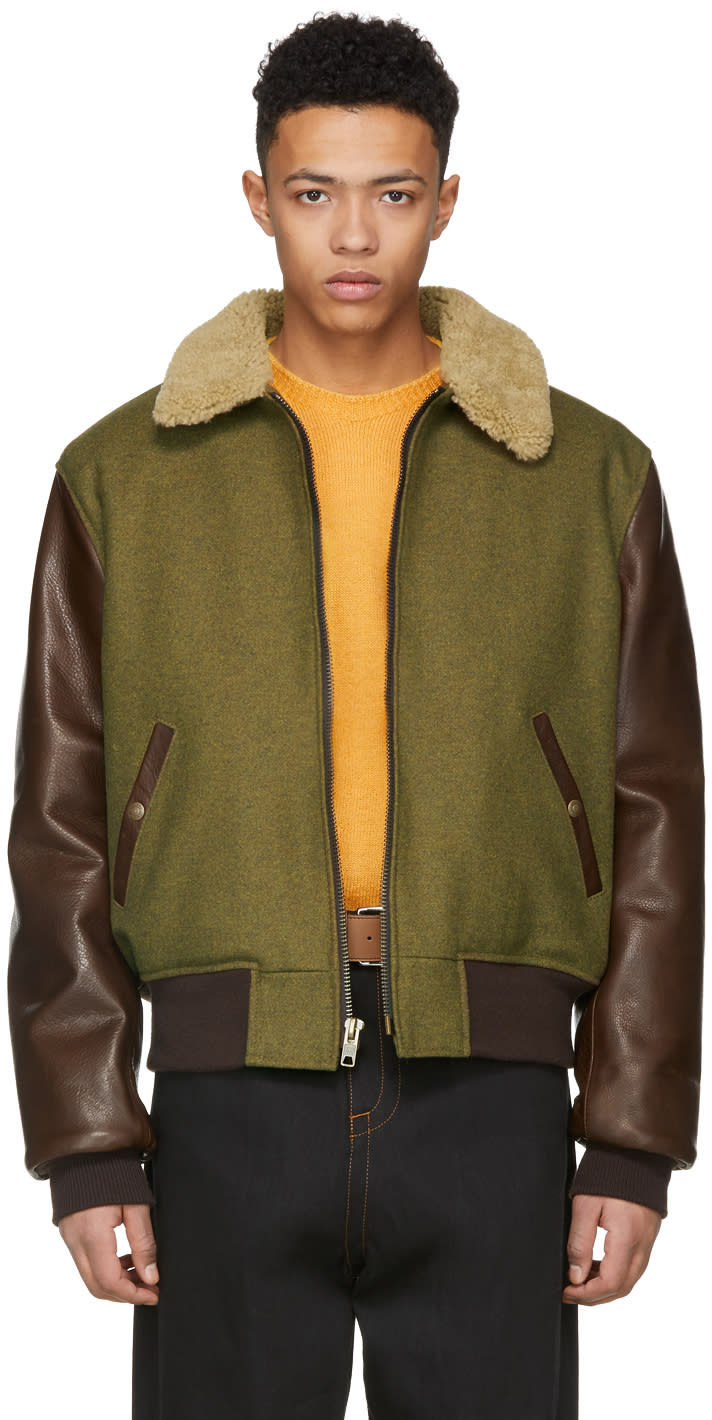 Schott Green And Brown Wool Leather Jacket