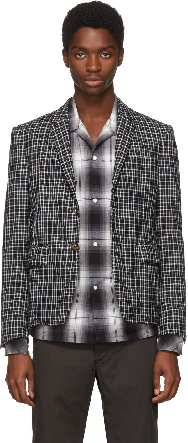 Thom Browne Black and White Distressed Tartan High Armhole Blazer
