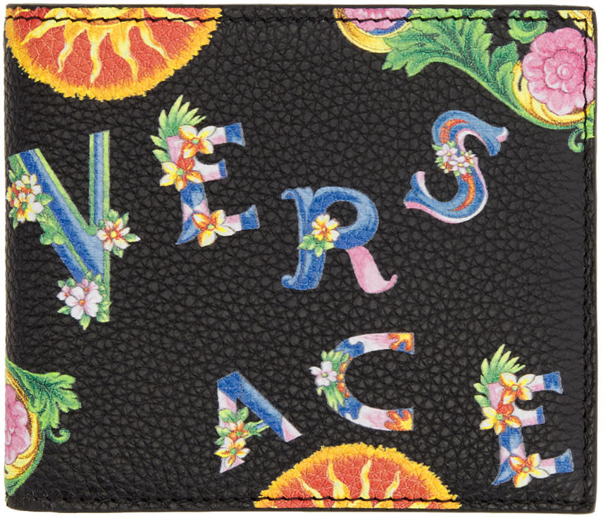 Versace Black Floral Logo Bifold Wallet