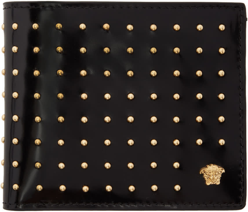 Versace Black Patent Studded Medusa Bifold Wallet
