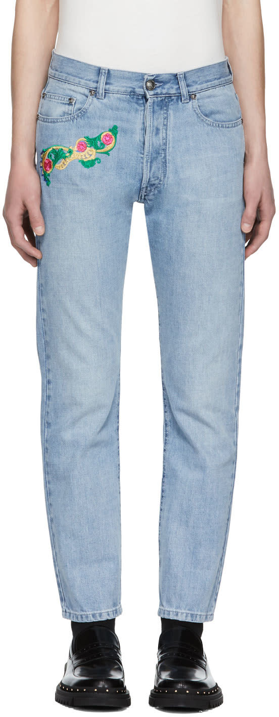 Versace Blue Embroidered Cropped Jeans