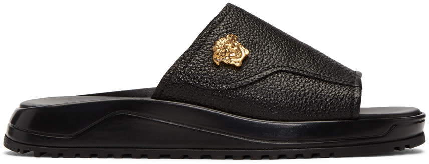 Versace Black Leather Medusa Slides