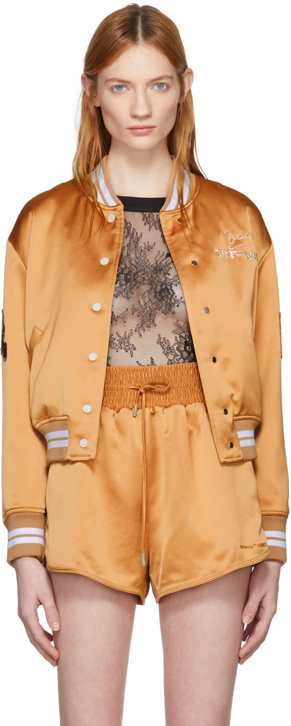 ベージュ バーシティ ボンバー ジャケット