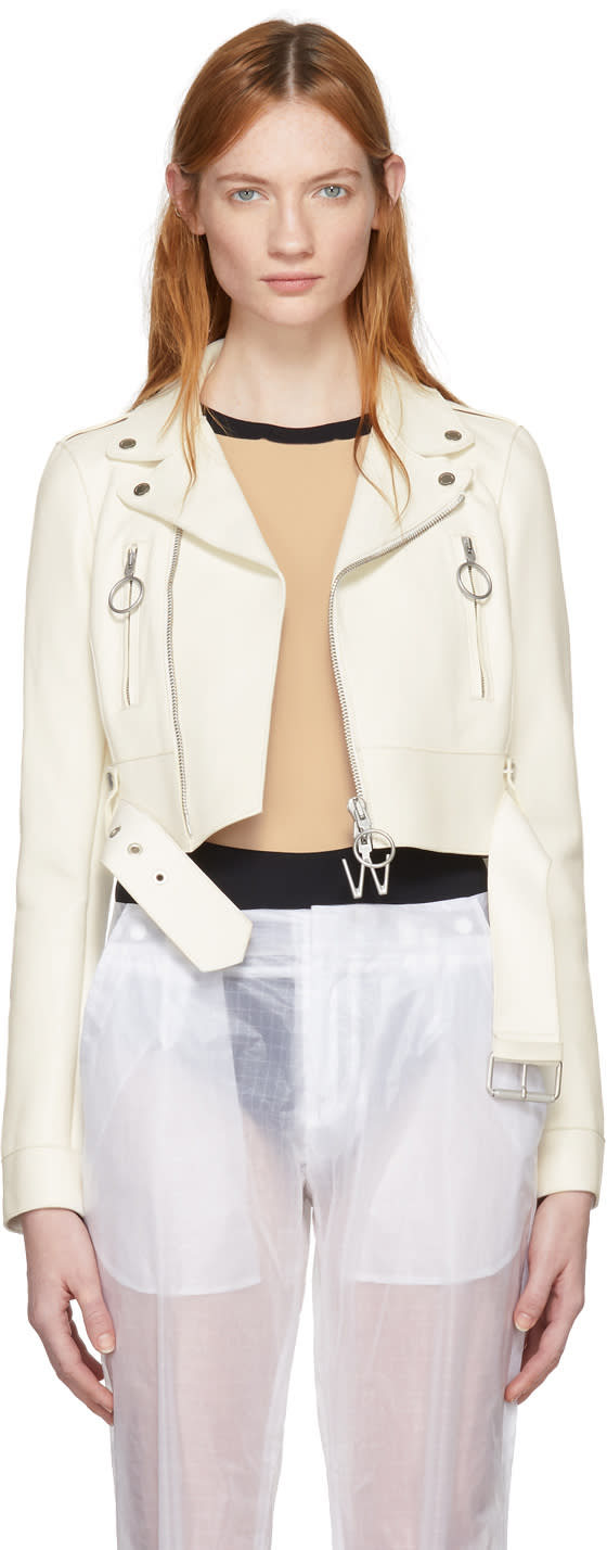 ホワイト クロップド バイカー レザー ジャケット