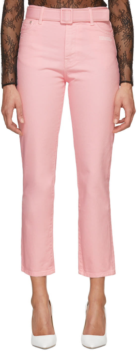 ピンク タイト クロップ ベルト ジーンズ