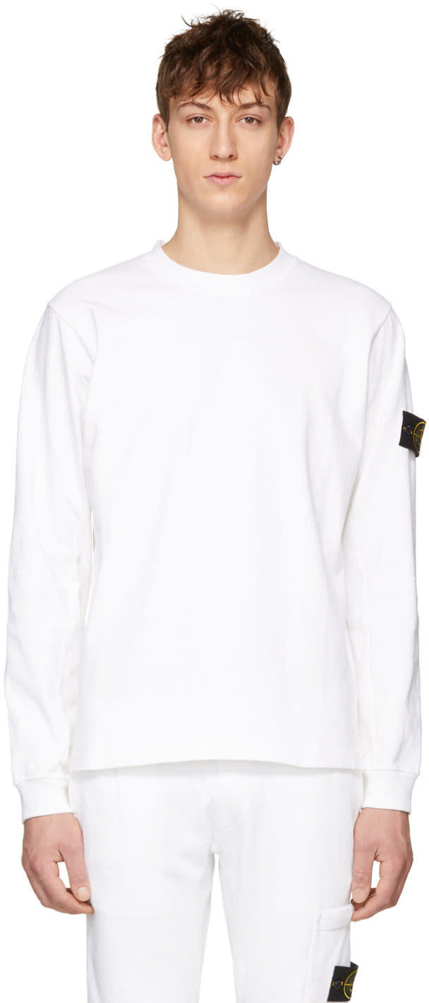 Stone Island White Long Sleeve Arm Badge T-shirt