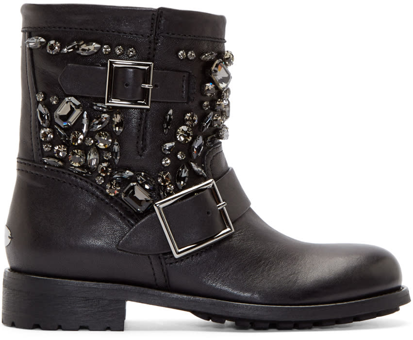 Jimmy Choo Black Crystal Youth Biker Boots