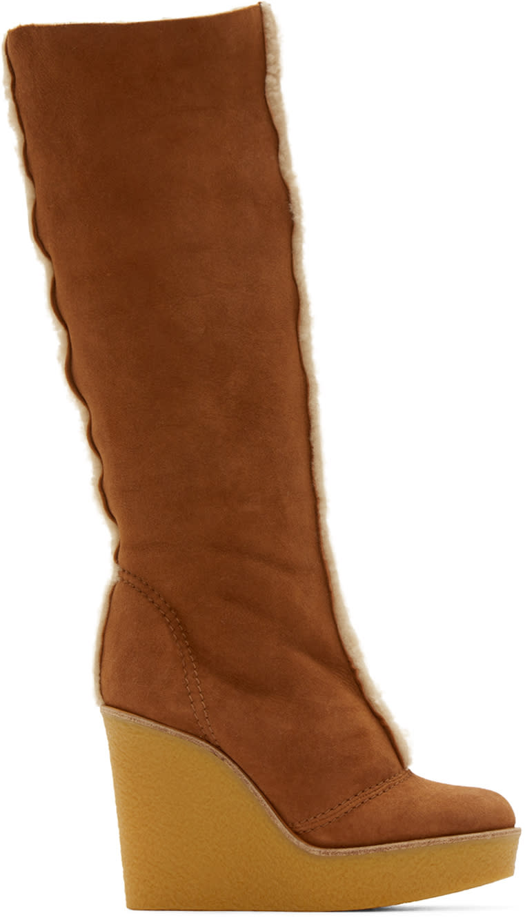 Chloe Tan Shearling Wedge Boots