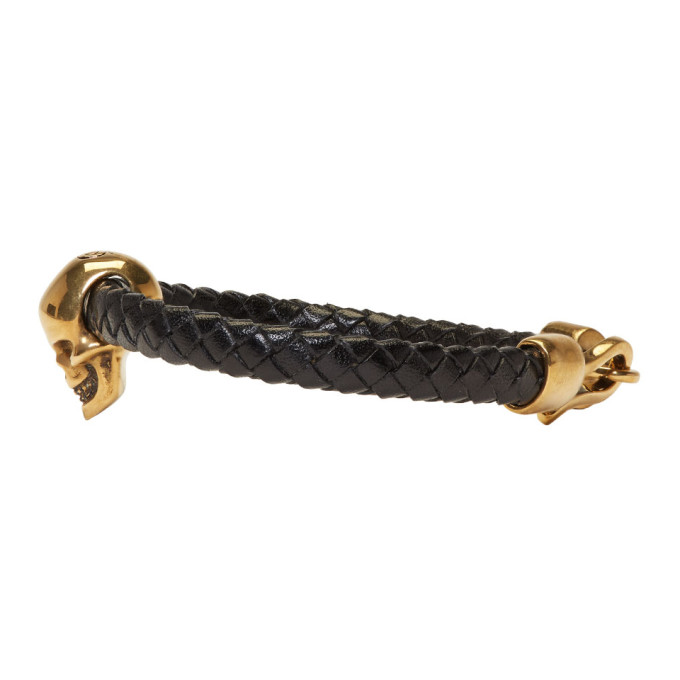 Black & Gold Braided Leather Skull Bracelet展示图