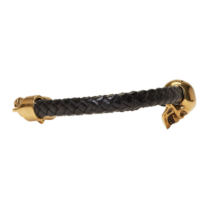 Black & Gold Braided Leather Skull Bracelet展示图