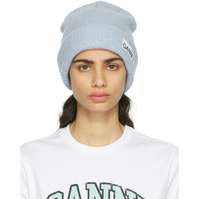 Ganni Blue Recycled Wool Beanie In 694 Heather