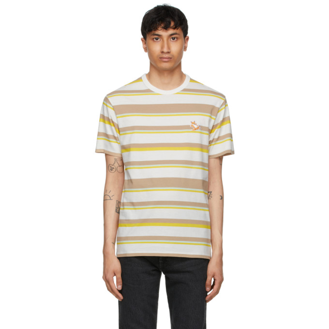 Maison Kitsuné White & Beige Striped Chillax Fox Patch Classic T