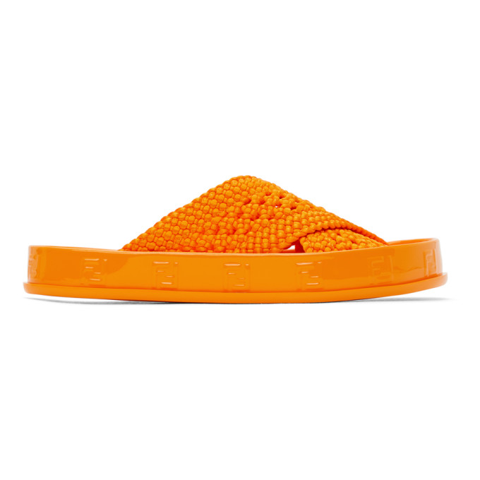 Fendi Reflections Ff-logo Faux-raffia Slides In Orange Clementina