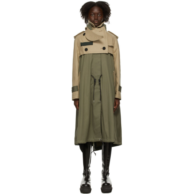 Sacai Hybrid Wool Melton Military Jacket Nylon Mix Parka In Green