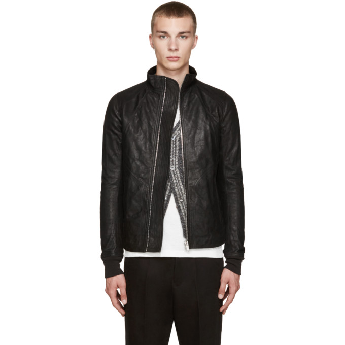 Shop Rick Owens Black Intarsia Leather Jacket