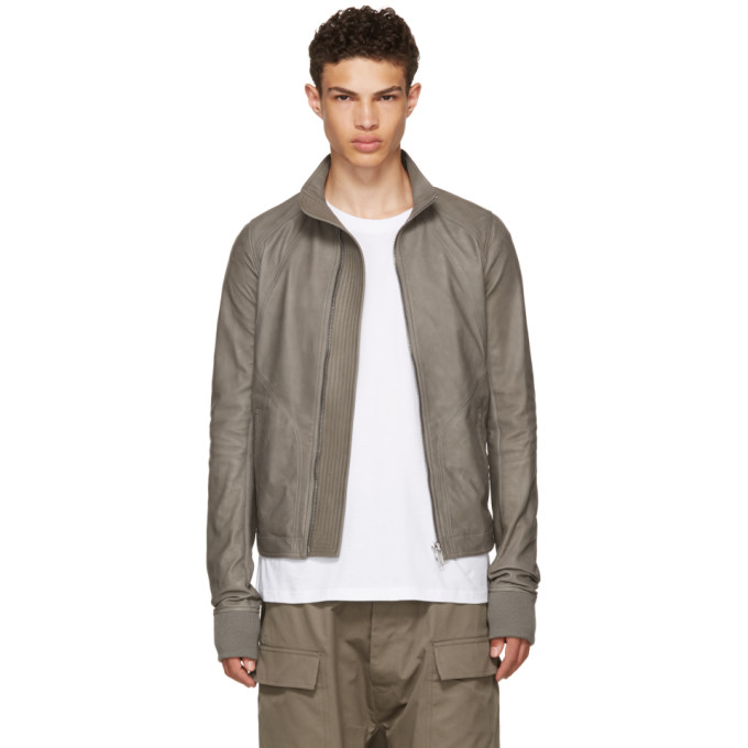 Rick Owens Grey Leather Intarsia High Neck Jacket | ModeSens