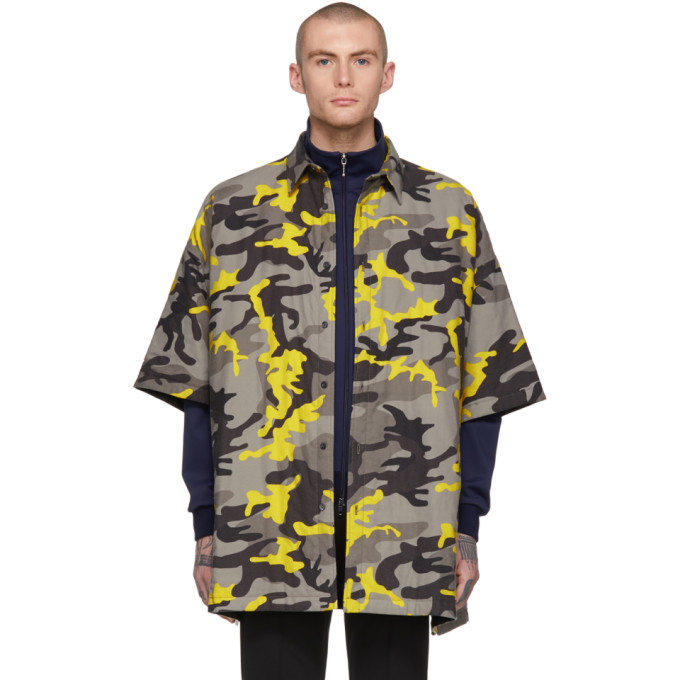 Balenciaga Grey And Yellow Camo Padded Shirt In 8062 Grey/y