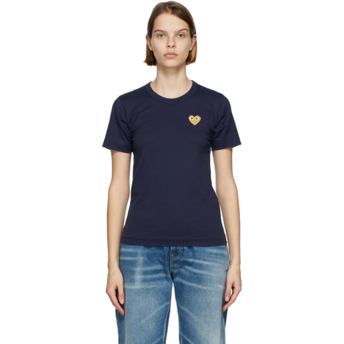 Comme des Garcons Play Navy and Gold Heart Patch T-Shirt | Smart