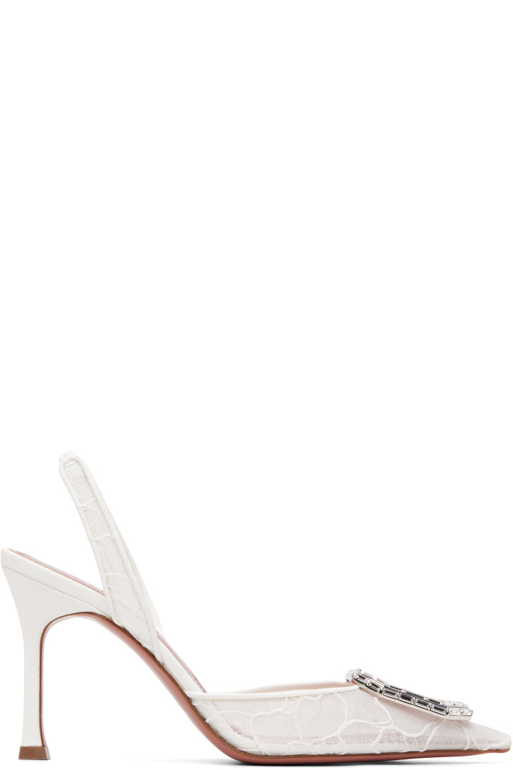 Amina Muaddi White Camelia Lace Sling 90 Heels