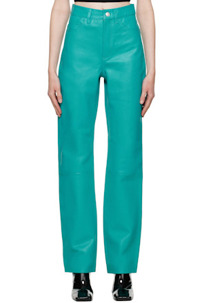 Blue Straight-Leg Leather Pants