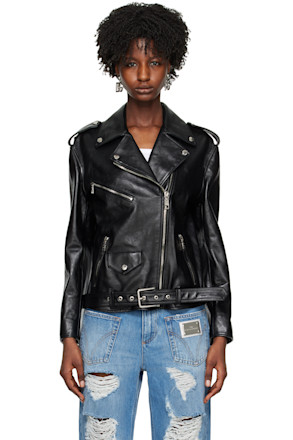 Black Pin-Buckle Belt Leather Jacket
