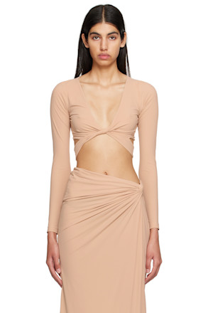 Beige Plunging Long Sleeve T-Shirt