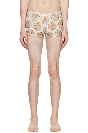 Beige Painted Flower Square Swim Briefs