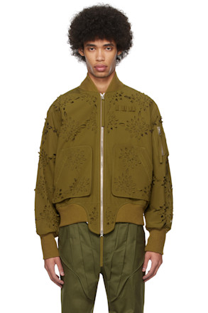 Khaki Laser-Slashed Flower Bomber Jacket