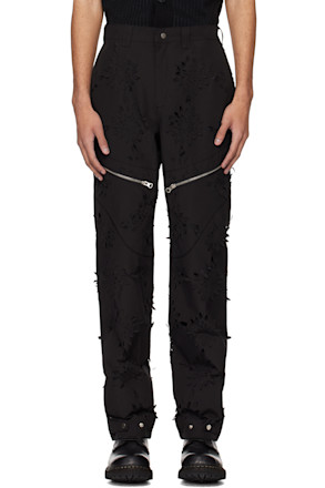 Black Laser-Slashed Flower Trousers