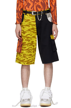 Yellow & Black Printed Cargo Shorts