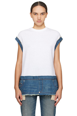 White & Blue Paneled Denim T-Shirt