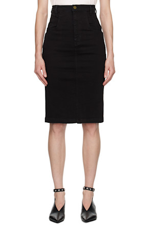 Black Four-Pocket Denim Midi Skirt