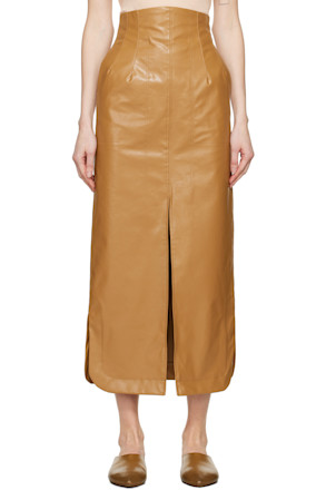 Beige Four-Pocket Faux-Leather Maxi Skirt