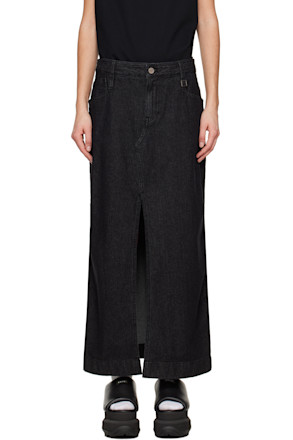 Black Vented Denim Maxi Skirt