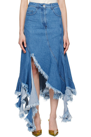 Blue Frayed Denim Midi Skirt