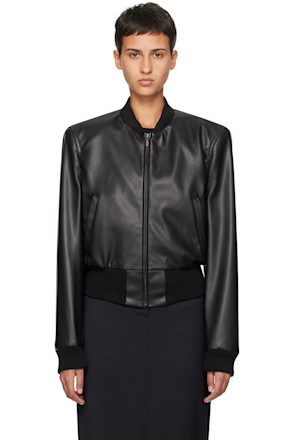 Black Zip Faux-Leather Bomber Jacket