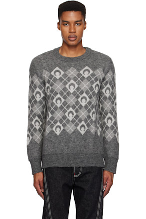 Gray Moon Argyle Knit Crewneck Sweater