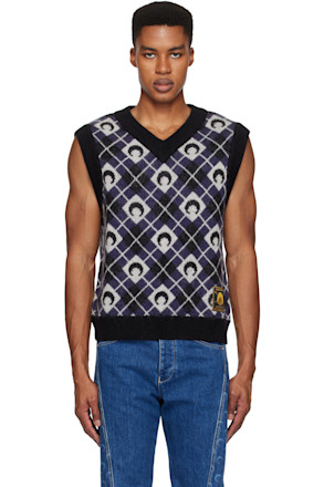 Black & Navy Moon Argyle Knit Vest