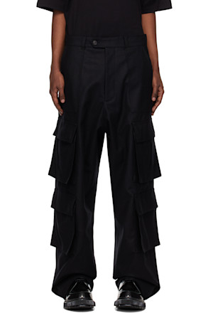 Black Flannel Wool Wide Leg Cargo Pants