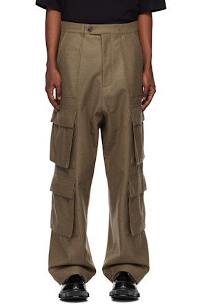 Taupe Flannel Wool Long Cargo Pants