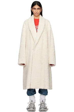 Off-White Cotton Long Faux-Fur Coat