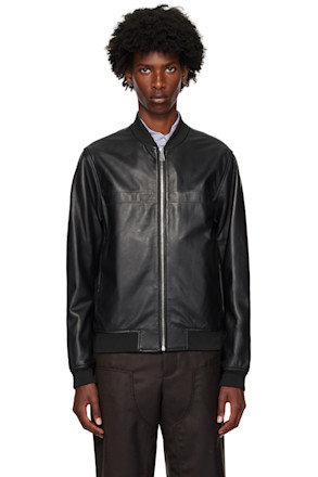 Black Zip Leather Bomber Jacket